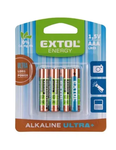 Set 4 baterii Extol, alcaline ultra 1,5 V, AAA LR03 Set 4 baterii Extol, alcaline ultra 1,5 V, AAA LR03