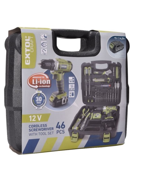 Trusa 46 piese, Extol, masina de gaurit cu acumulator Li-ion 12 V Trusa 46 piese, Extol, masina de gaurit cu acumulator Li-ion 12 V
