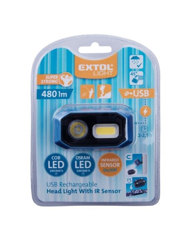 Lanterna frontala 480lm, Extol, incarcare USB, senzor IR