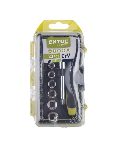 Trusa surubelnita cu clichet si biti, 23 buc, Extol, 1/4", 5-6mm, CrV