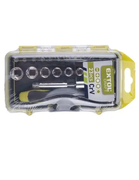 Trusa surubelnita cu clichet si biti, 23 buc, Extol, 1/4", 5-6mm, CrV