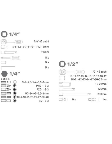 Trusa scule, Extol, chei, biti, surubelnite cu clichet 1/4 ", 1/2", 75 piese