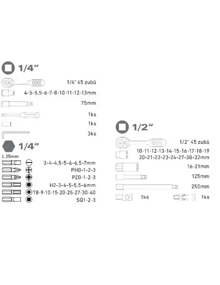 Trusa scule, Extol, chei, biti, surubelnite cu clichet 1/4 ", 1/2", 75 piese