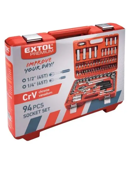 Trusa chei tubulare si biti, Extol, 4 - 32 mm, 1/4", 1/2", Cr-V, 94 piese