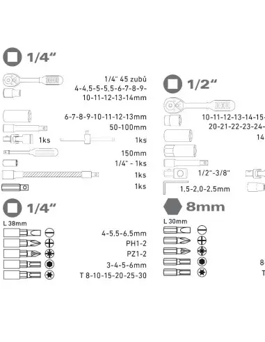 Trusa chei tubulare si biti, Extol, 4 - 32 mm, 1/4", 1/2", Cr-V, 94 piese