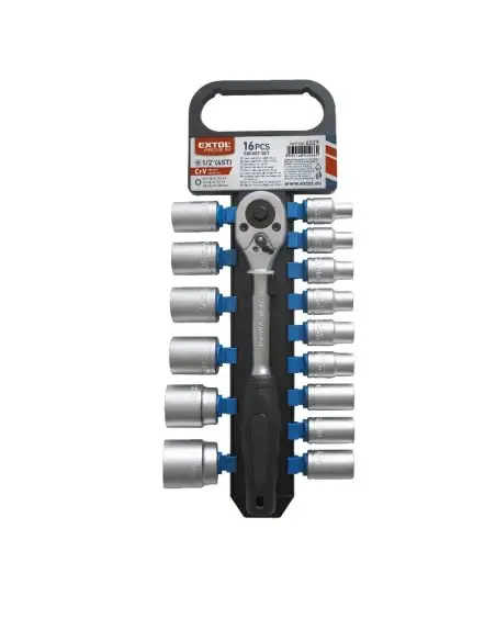 Set cheie cu clichet, 1/2 ", Extol Premium, si capete chei tubulare, 16 piese Set cheie cu clichet, 1/2 ", Extol Premium, si capete chei tubulare, 16 piese