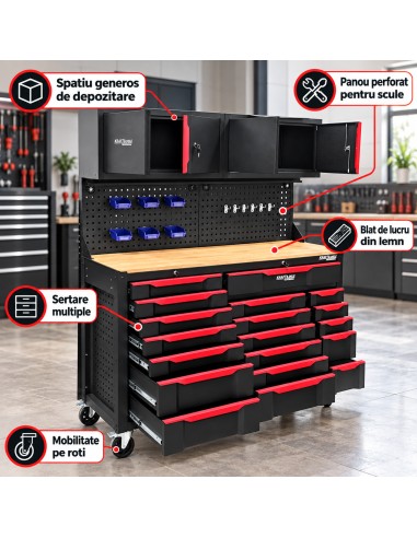 Set mobilier pentru atelier cu 19 sertare, Kraft&Dele, 6 roti, panouri perforate, KD5865