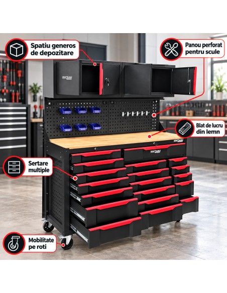 Set mobilier pentru atelier cu 19 sertare, Kraft&Dele, 6 roti, panouri perforate, KD5865