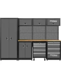 Set mobilier atelier cu dulapuri si panou perforat, Kraft&Dele, blat lemn, 260 cm, KD5863