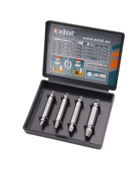 Set 4 extractoare de suruburi indoite, Extol Premium, M5-14, HSS
