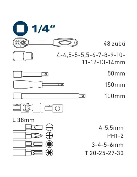 Set 31 chei tubulare, Extol, cu clichet 1/4", CrV