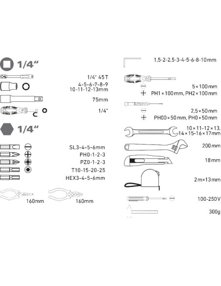 Trusa scule, Extol, 1/4", CrV, 59 piese