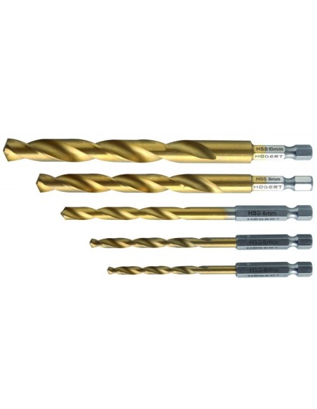 Set burghie pentru metal, Hogert HT6D180, 5 piese, otel HSS Set burghie pentru metal, Hogert HT6D180, 5 piese, otel HSS