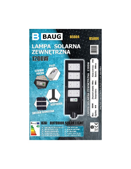 Lampa solara exterior, Baug, 1200w, senzor de miscare Lampa solara exterior, Baug, 1200w, senzor de miscare