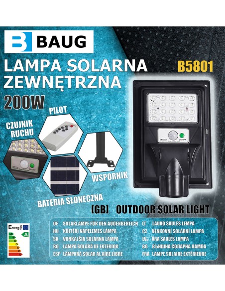 Lampa solara exterior, Baug, 200w, senzor de miscare