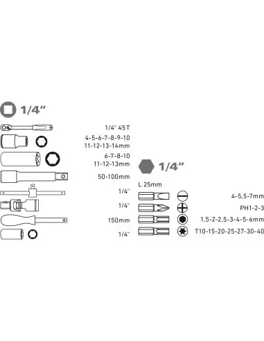 Socket Set, 45pcs, 1/4", CrV, 8818360, PH1-2-3, T10-40