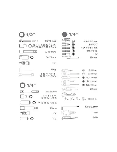 Set unelte 100 piese, CrV, 8818411, 1/4", 1/2"