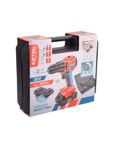 Masina de gaurit fara fir cu percutie, EXTOL PREMIUM, 8891806, 20V Li-ion, 2x2Ah