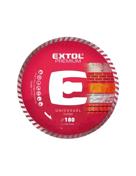 Disc taiere diamantat turbo, EXTOL PREMIUM, 108754, 180x22,2x2,5mm, 8600 rot/min Disc taiere diamantat turbo, EXTOL PREMIUM, 108754, 180x22,2x2,5mm, 8600 rot/min