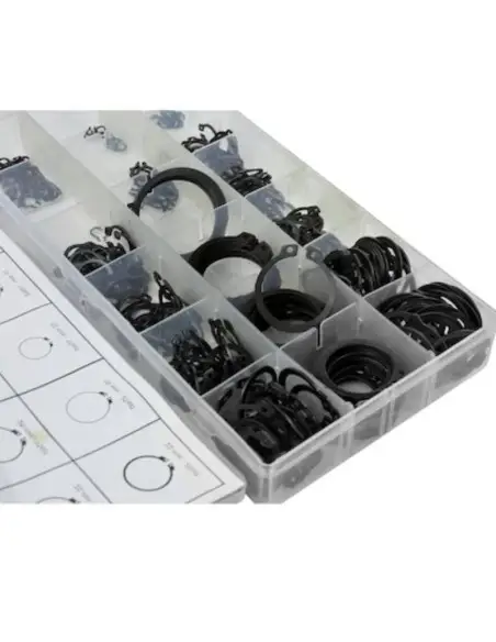 Set 225 inele de siguranta, din otel cu arc, 18 dimensiuni, intre 6-32 mm Set 225 inele de siguranta, din otel cu arc, 18 dimensiuni, intre 6-32 mm
