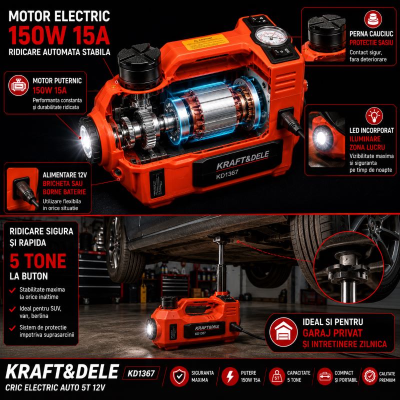 Cric electric auto 12V 5T + compresor 10 bar + lanterna LED, cablu 3.5m, Kraft&Dele KD1367