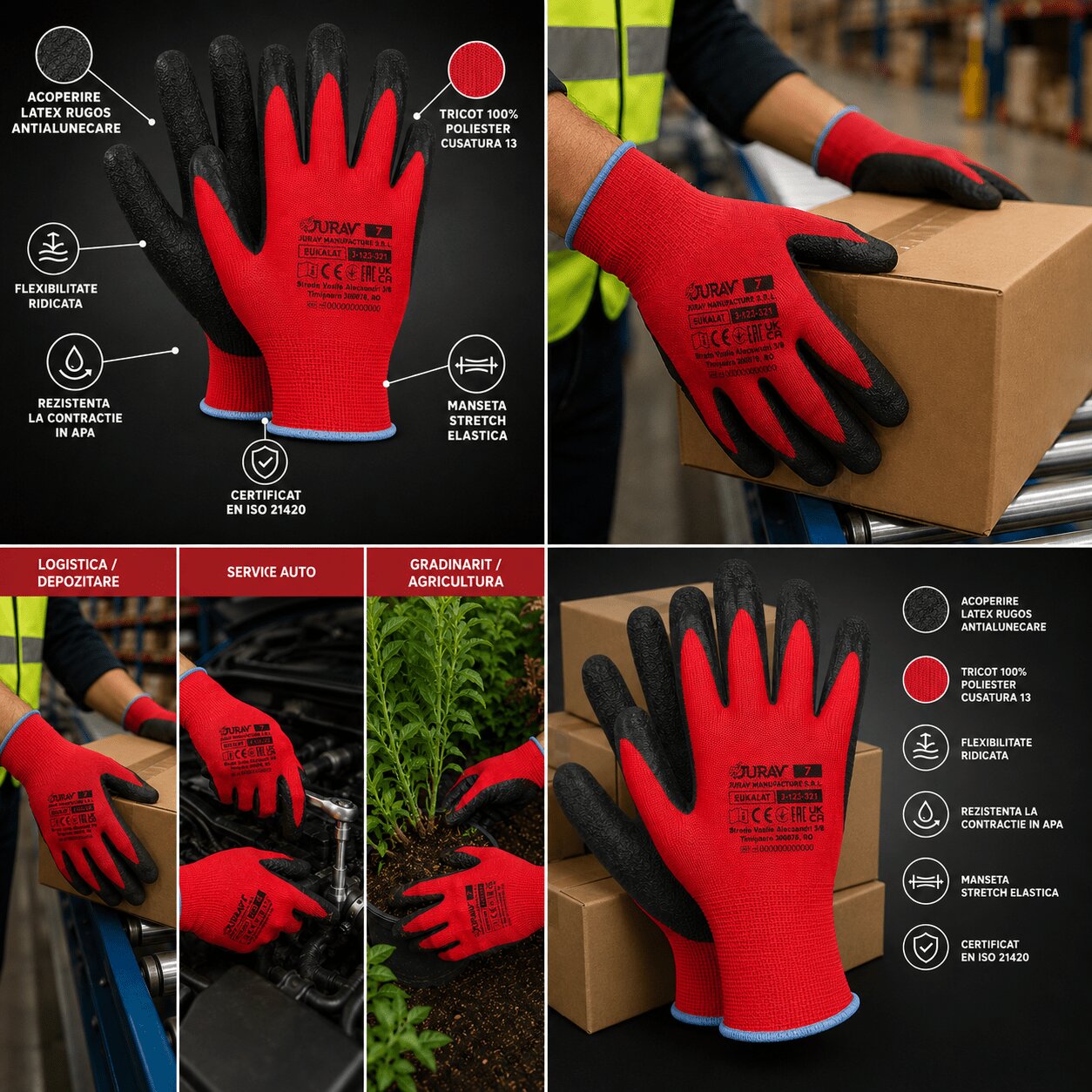Manusi de lucru Bukalat, tricot 100% poliester, acoperire latex rugos, cusatura 13, rezistente la alunecare, model EN ISO 21420
