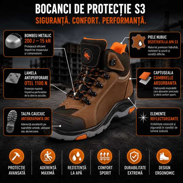 Bocanci de protectie S3 SRC Brwinson-T, bombeu metalic 200 J, lamela antiperforare otel 1100 N, piele nubuc, talpa antiderapanta