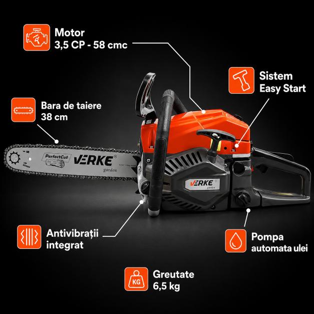 Drujba pe benzina Verke, 3,5 CP, bara de 38 cm, 58 cmc, sistem Easy Start si antivibrații, model V90014 .4