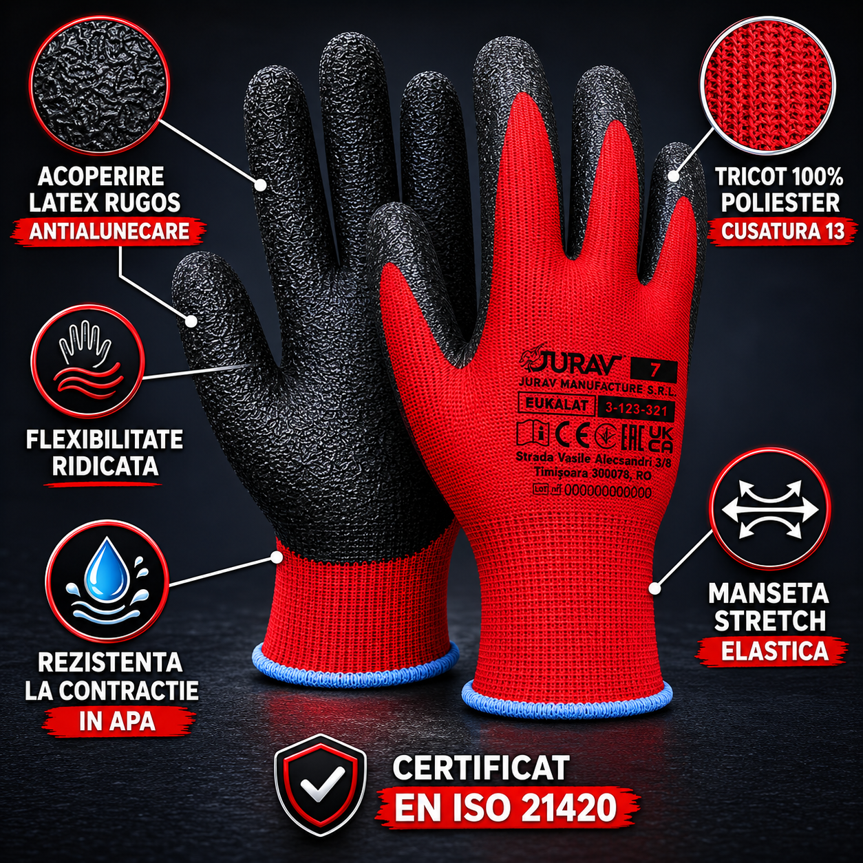 Manusi de lucru Bukalat, tricot 100% poliester, acoperire latex rugos, cusatura 13, rezistente la alunecare, model EN ISO 21420