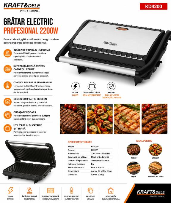 Gratar electric cu placi antiaderente, Kraft&Dele, 2200 W, KD4200