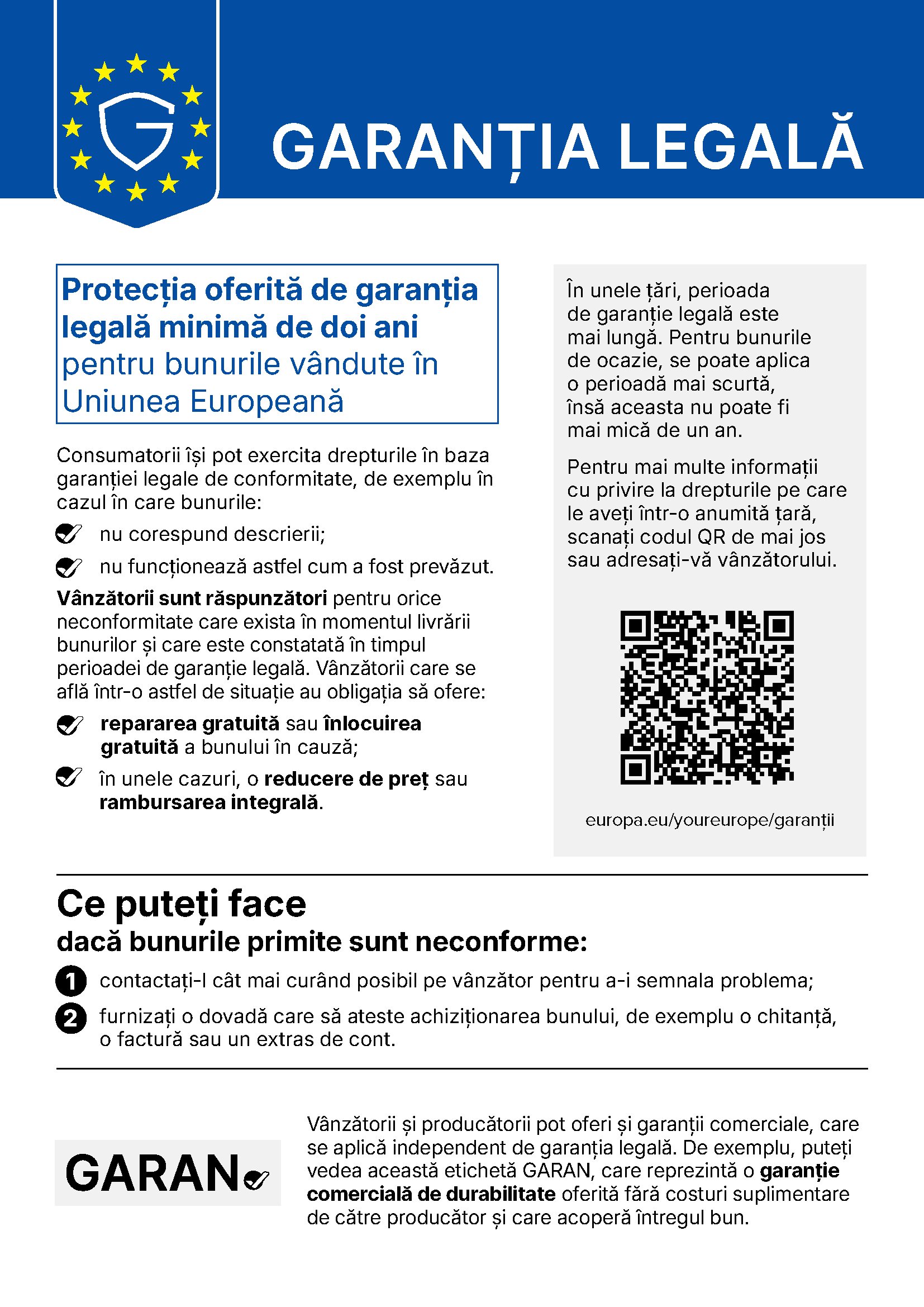 Notificare privind garanția legală de conformitate
